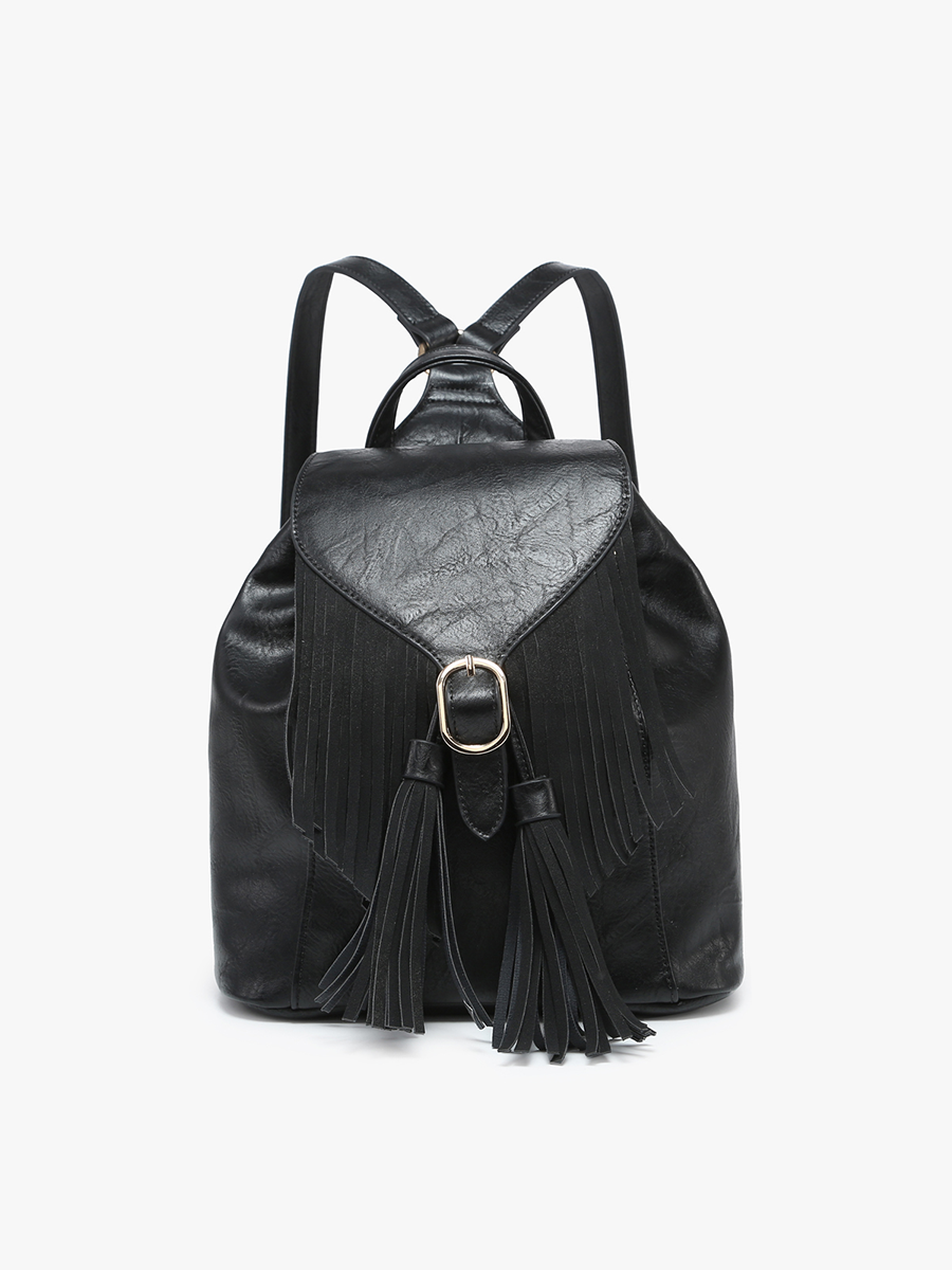 Jewel Fringe Bucket Backpack – Distressed Vegan Bag | Black