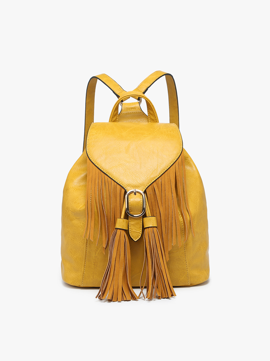 Jewel Fringe Bucket Backpack – Distressed Vegan Bag | Mustard