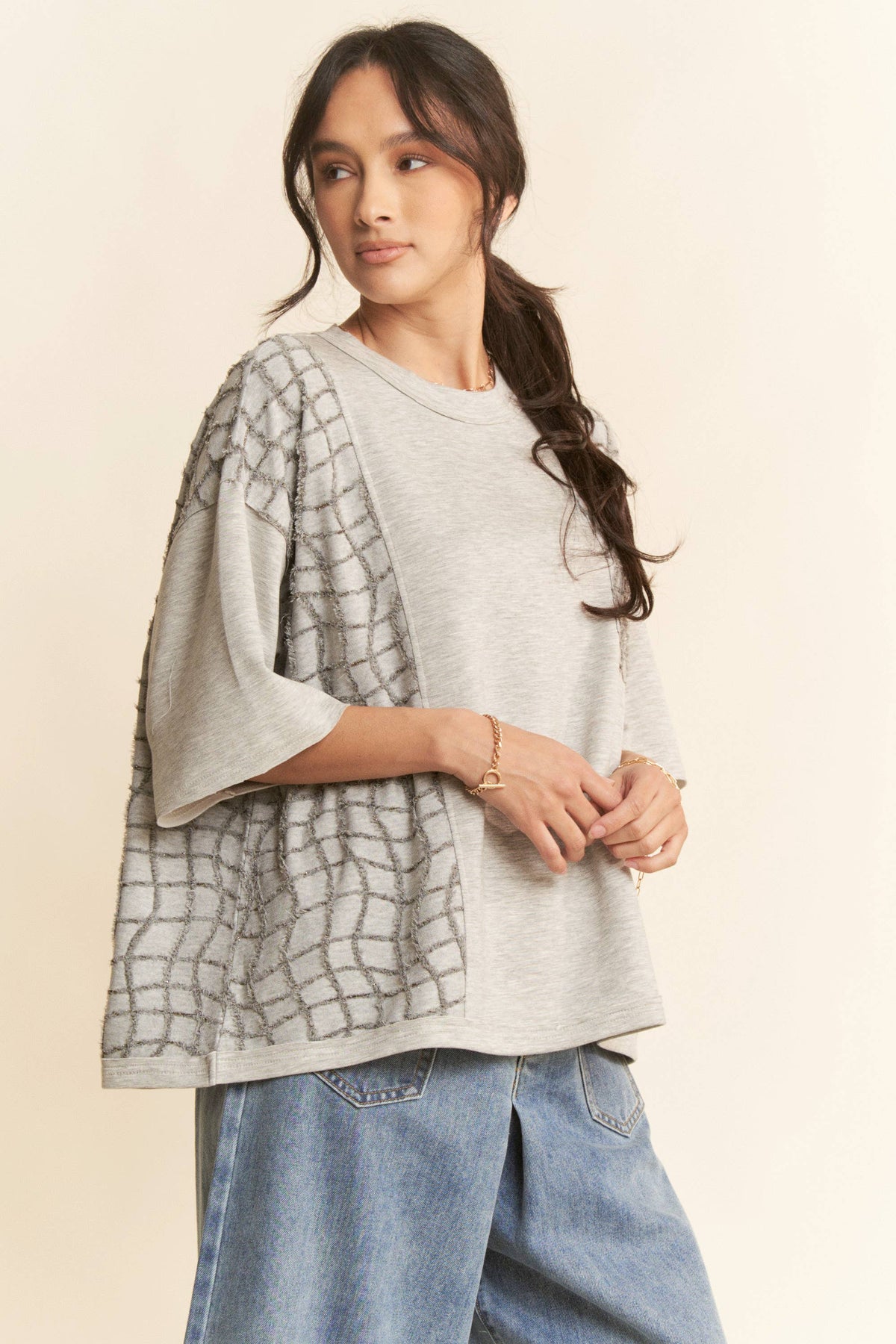 Mixed Texture Top: L / Heather Grey