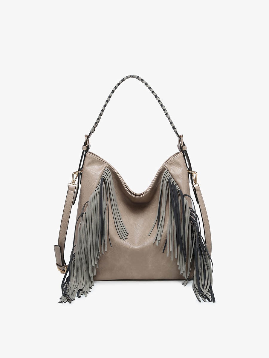 Sav Distressed Hobo Bag w/ Fringe Detail | Grey
