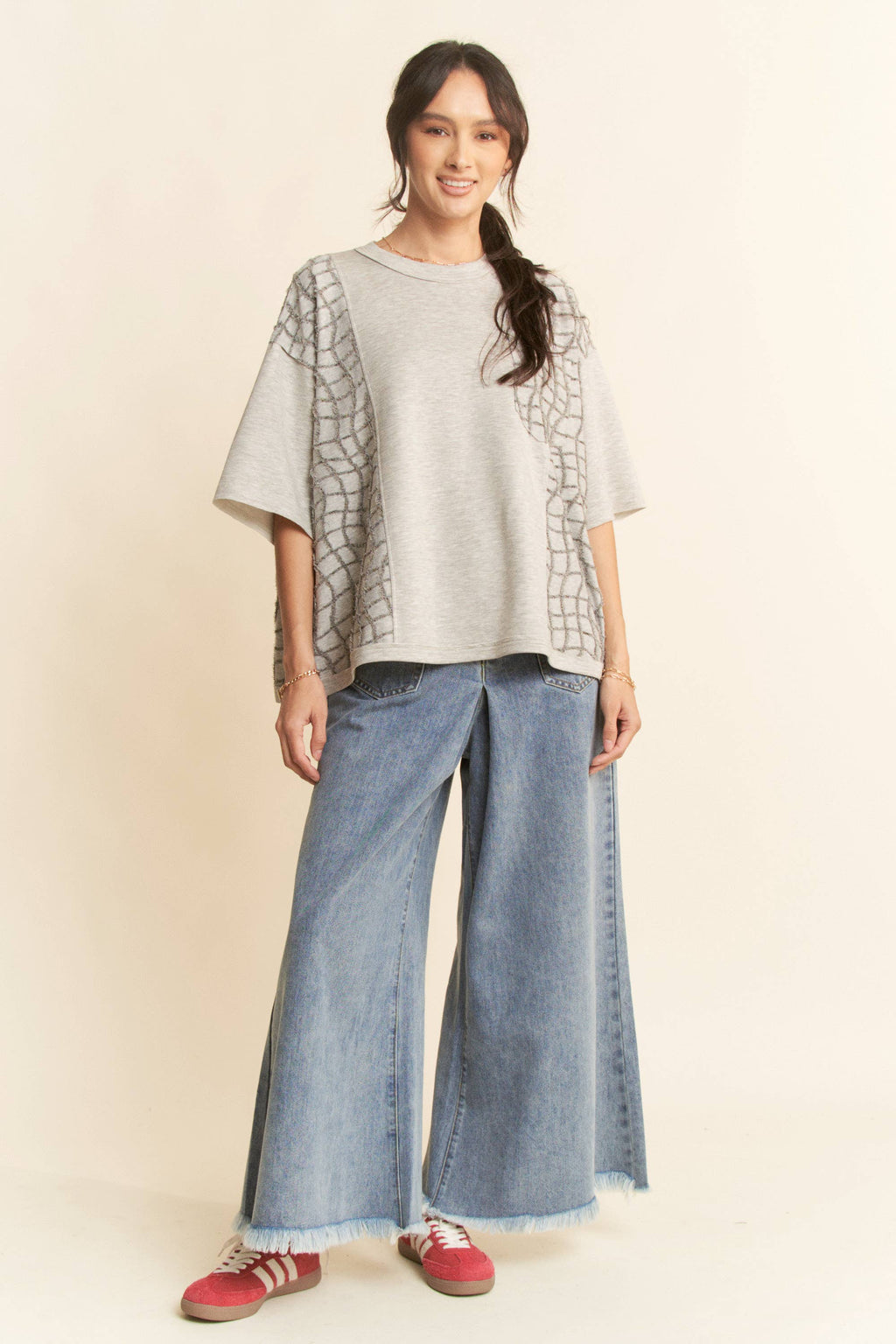 Mixed Texture Top: L / Heather Grey