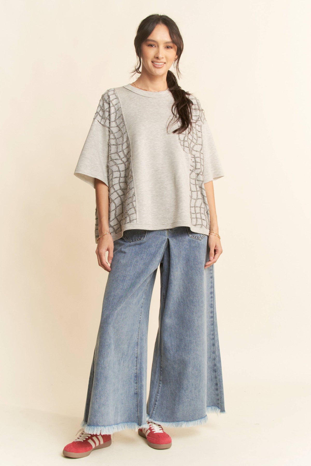 Mixed Texture Top: L / Heather Grey