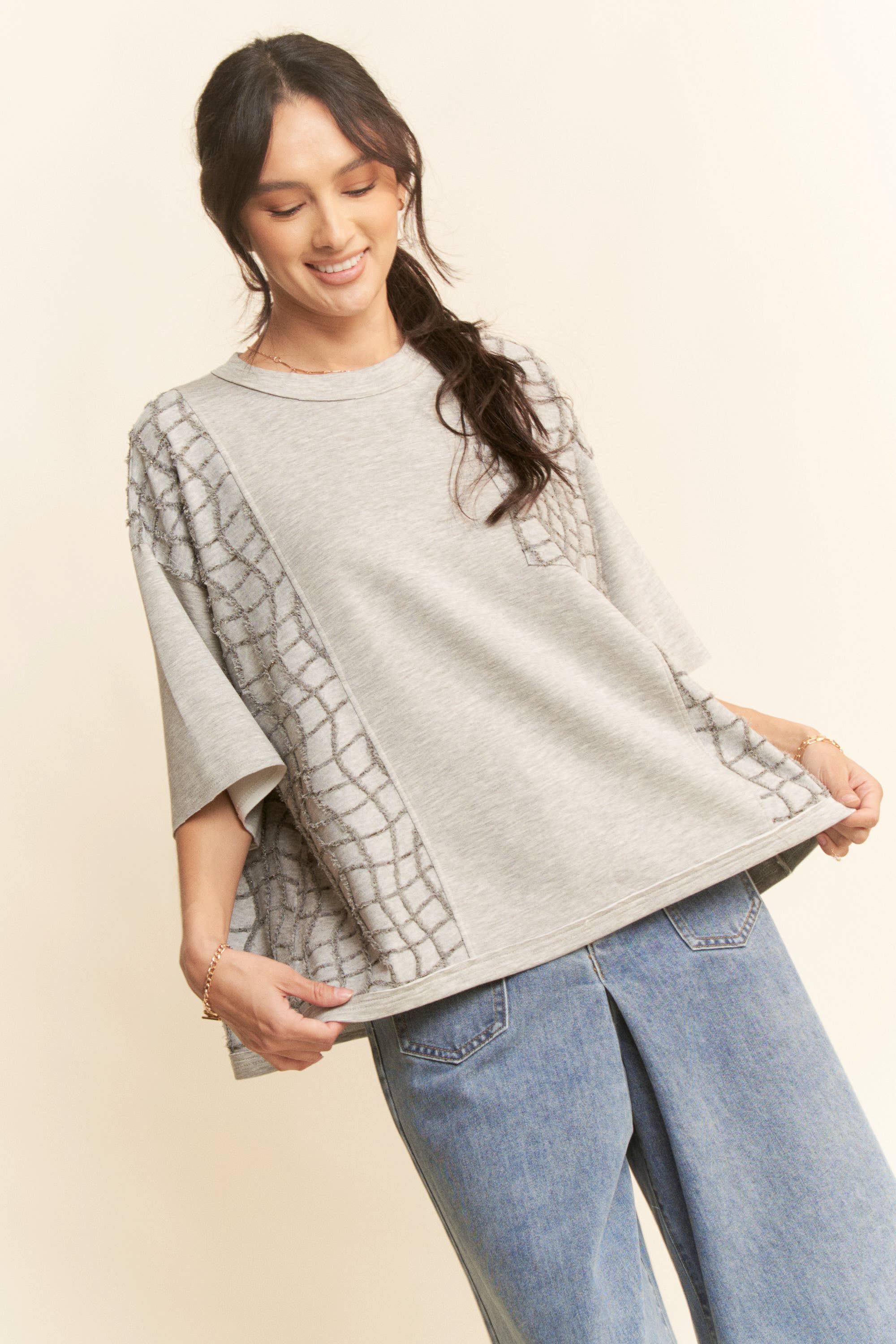 Mixed Texture Top: M / Heather Grey